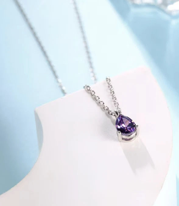 925 Sterling Silver Purple Amethyst Color Teardrop Necklace Gift For Her - Image 3 of 4