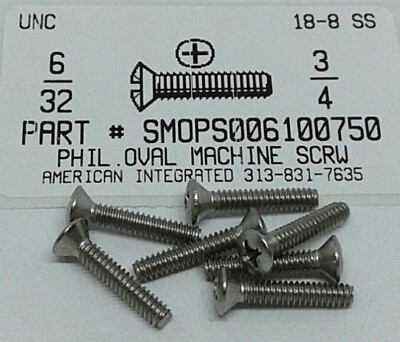 #6-32x3/4 Oval Head Phillips Machine Screws Stainless Steel (50)