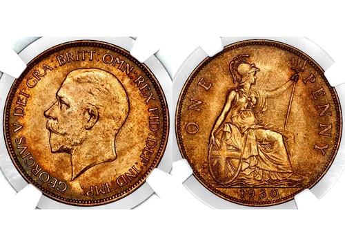 1930 King George V Great Britain Bronze One Penny NGC MS64 RB