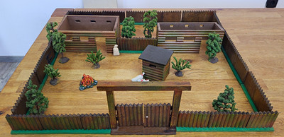 Elastolin Diorama Western/Cowboy-Lager bemalt mit Zaun, Gebäuden & Bäumen