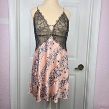 Victoria  s Secret Black Lace Plunge Slip Nightgown Size L Pink Floral Satin