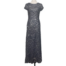 Adriana Papell Dress 8P Charcoal Silver Short-Slv All-Over Sequin Gown w/train