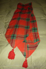 Vintage CHRISTMAS Table runner RED GREEN GOLD PLAID Tassels 84" X 12 "