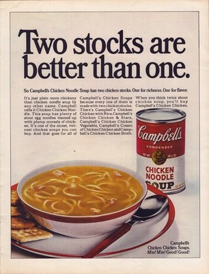 1968 Campbells Chicken Noodle Soup Print Ad Two Stocks Are Better Than One