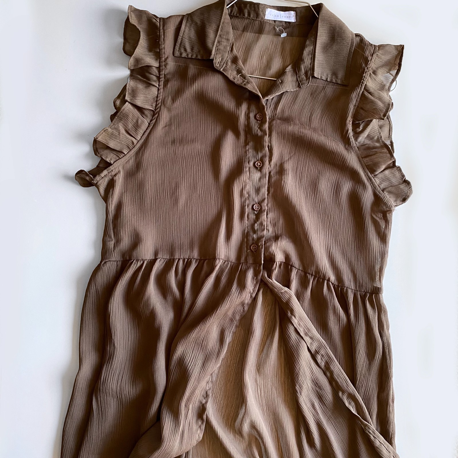 Echo Rose Brown Sheer Button Down Ruffle Sleeve L… - image 7