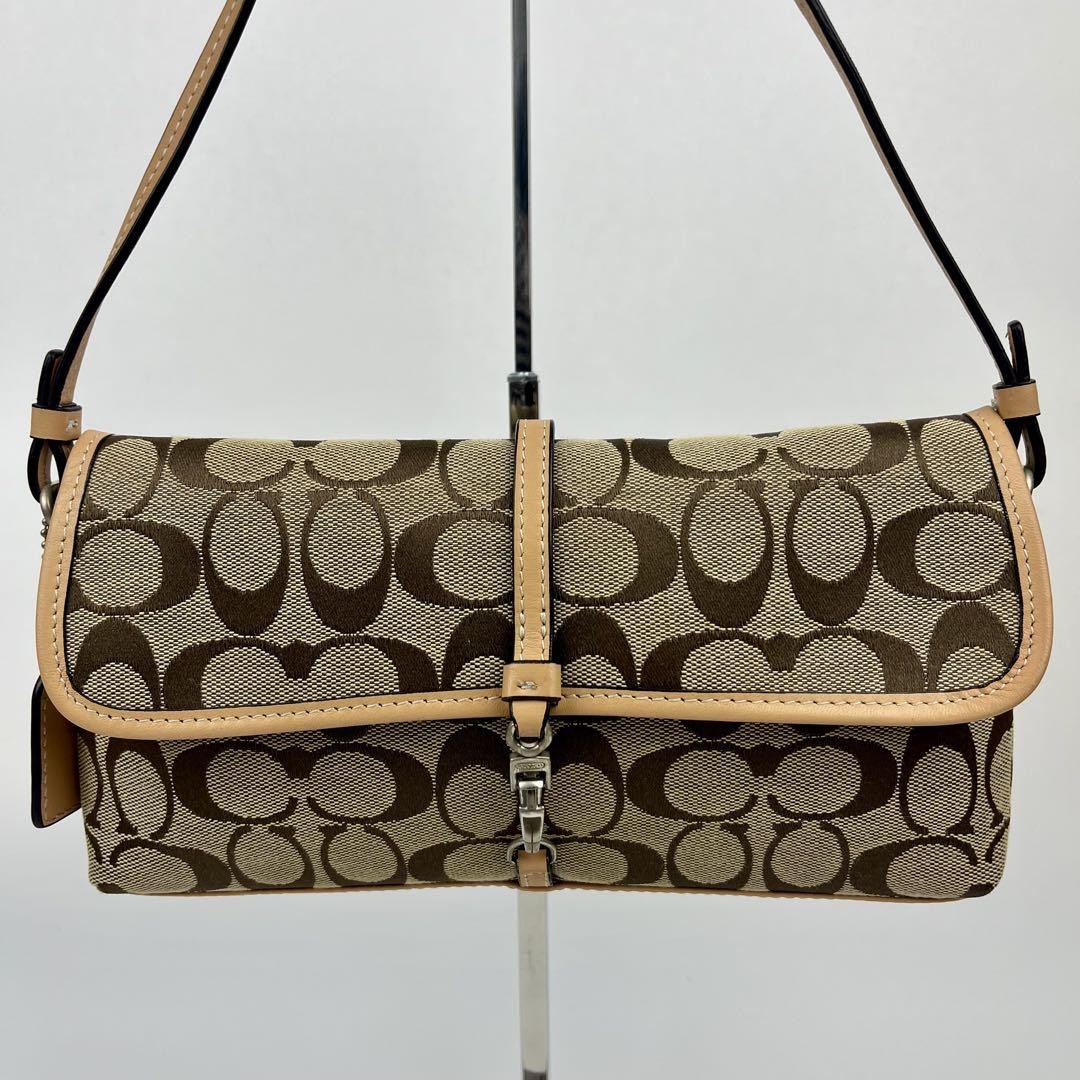 COACH 6348 Signature Clip Shoulder Bag Beige Orange Leather