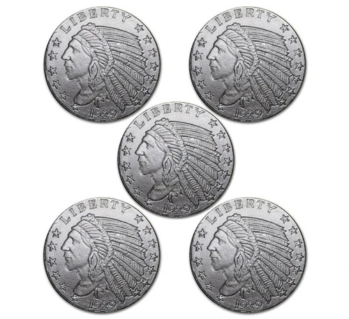 Lot of 5 (5) 0.10 (1/10) Troy Ounce .999 Silver 1929 Incuse Indian Round