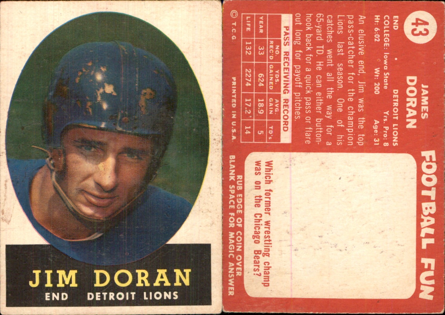 Jim Doran 1958 Topps #43 Card Detroit Lions *AutographDen*