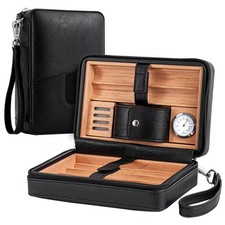 Cigar Humidor Cedar Wood Lined Leather Cigar Case Capacity 6 pcs Built in Hyg...