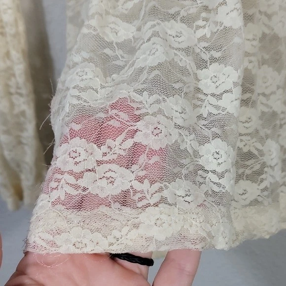 Y2K 复古透明蕾丝长袖上衣 S 码白色象牙色奶油色花卉 90 年代尼龙 — 第 4/4 张图片