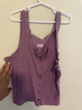 SO Purple Ribbed Lace Trim Button Front Camisole Tank Top Women  s S Regular