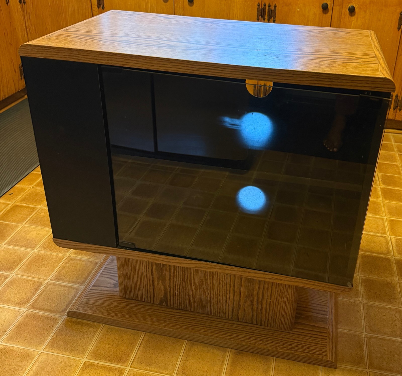 Vintage Oak TV Stand / Media Console with Smoked Glass Doors