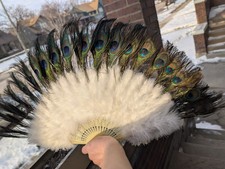 Vintage Authentic Peacock  White Feather Folding Hand Fan, Plastic Filigree