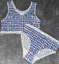 Vintage Girls Kids 2Pc Crop Top  Underwear Set Sz Medium 8-10 Blue Gingham