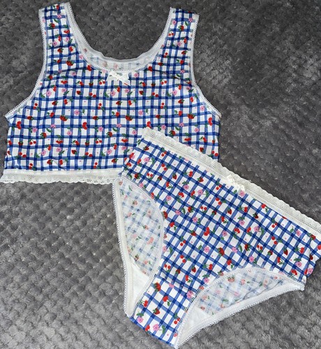 Vintage Girls Kids 2Pc Crop Top & Underwear Set Sz Medium 8-10 Blue Gingham