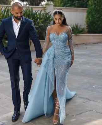 Blue Beaded Long Slevees Evening Dress Arabic Party Dress Side Slit Prom  Dresses | eBay