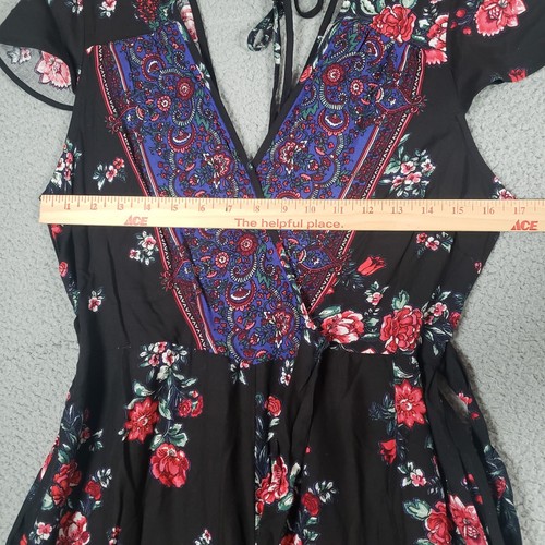 Band Of Gypsies Jumpsuit Womes Medium Black Floral Wide Leg V-Neck Ties Boho NEW - Picture 8 of 18