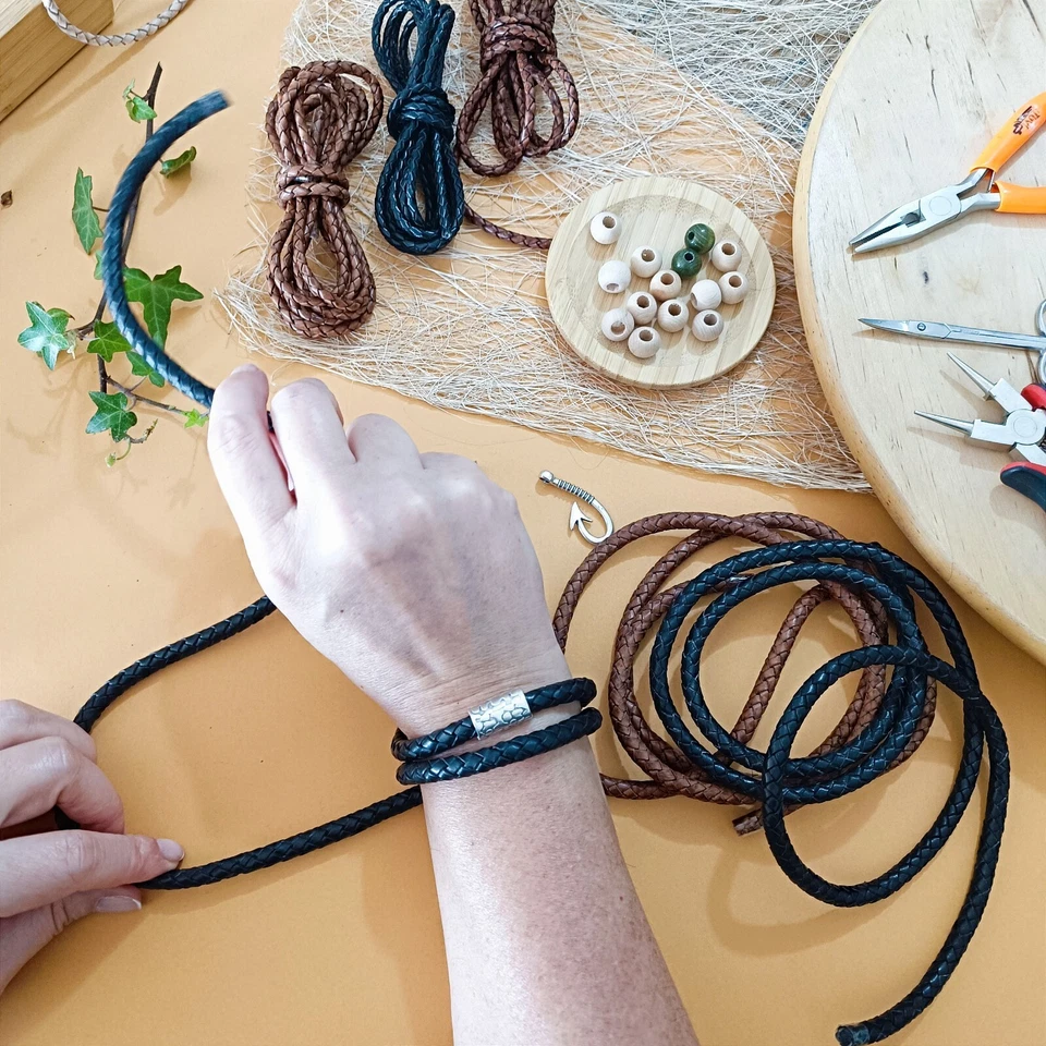 Cordón de cuero trenzado redondo, 6 mm - Correa de cuero genuino Bolo plegado 1,1 yarda Foto 3 de 3