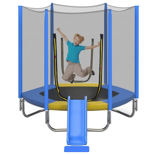 7FT Kids Trampoline w Safety Enclosure Net, Indoor Outdoor Trampoline with Slide - Picture 2 of 14