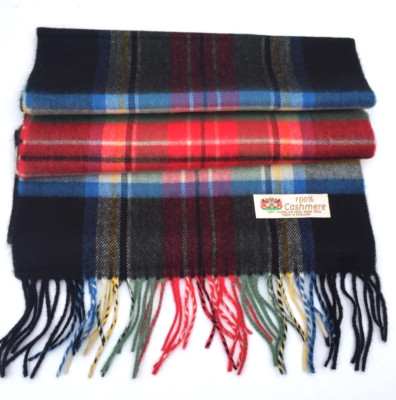 100%CASHMERE SCARF Made in England Soft Wool Wrap Plaid Black/Red/Green ...
