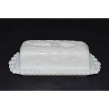 L.E Smith Milk Glass Butter Dish, Grapevine Pattern, Two Piece Butter Table Dish