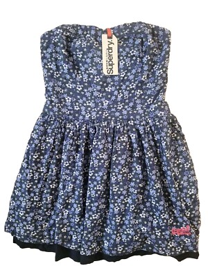 New NWT Superdry blue strapless bandeau dress floral size M medium UK