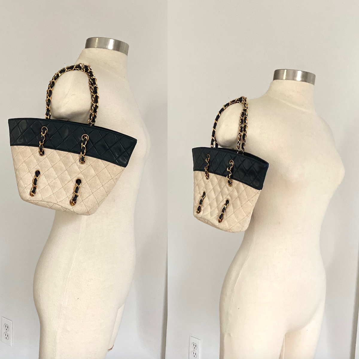 Chanel Vintage Canvas Leather Quilted Chain Mini Small Classic