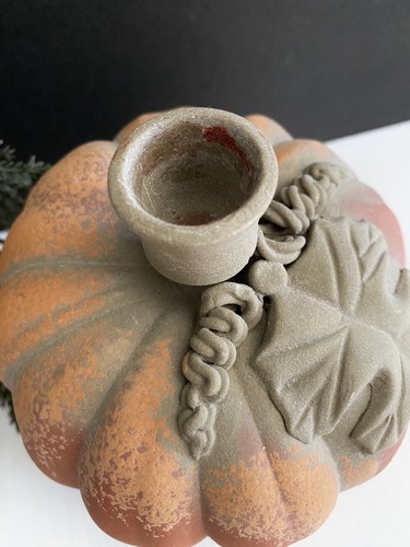 Terracotta Clay Pottery Fall Autumn Orange Pumpkin W/Leaf CandleStick Holder - Picture 8 of 12