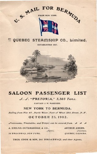QUEBEC DAMPFSCHIFF PRETORIA 1902 SALOON PASSAGIERLISTE + KARTE NY BERMUDA US MAIL