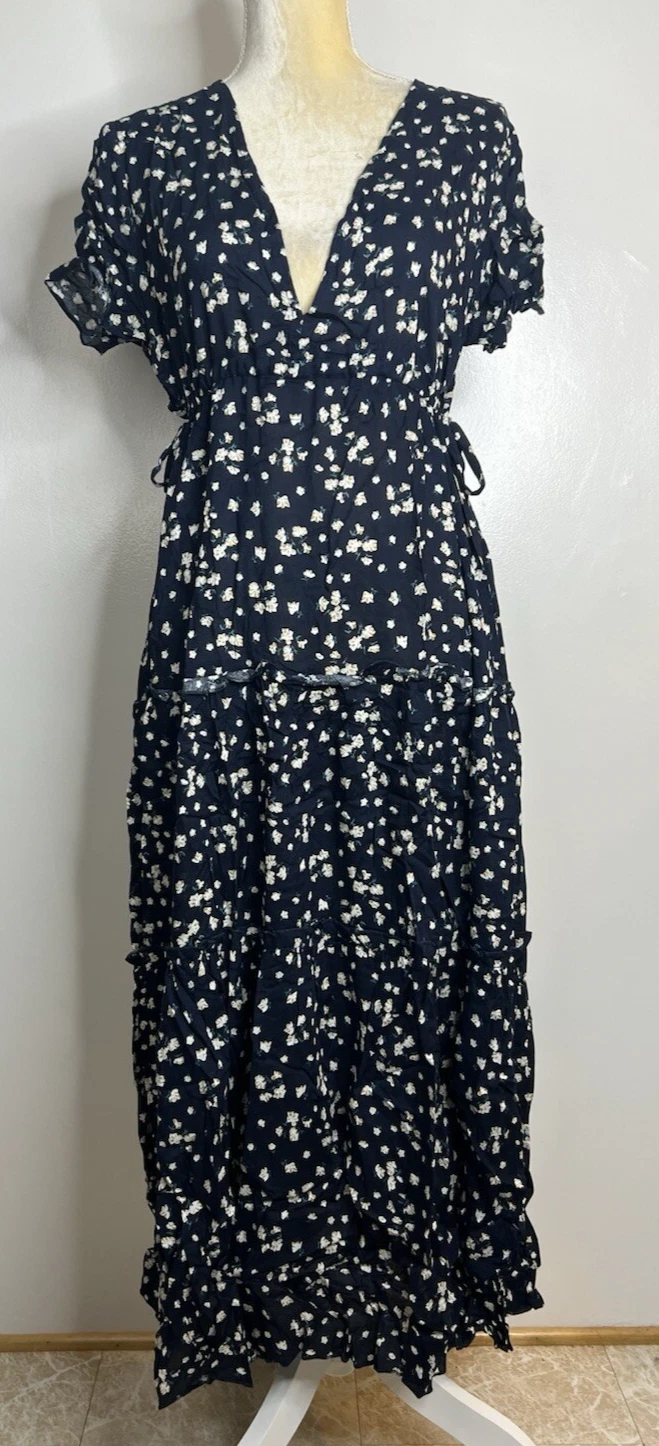 Robe midi marine à volants et volants à fleurs col V taille XL