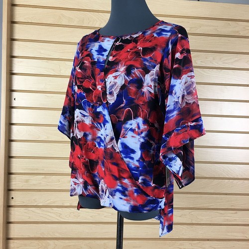 NWT Jennifer Lopez Faux Wrap Blouse Women PM Red Floral Polyester Pullover - Picture 6 of 14