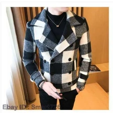 Men's Wool Blend Short Slim Fit Jacket Double Breasted Lapel Collar Peacoat Coat