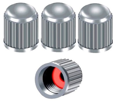 4x Silber Reifen Ventil Staubkappen mit Innenluft/Staub/Wasser Dichtungen Stahl/Legierungen