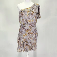 ASTR Medium One Sleeve Tulip Floral Print Mini Dress Ruched Ruffle Periwinkle