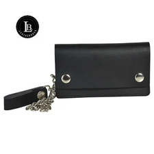 Mens Leather Motorcycle Studded Double Snap Trucker Biker Bi- Fold Chain Wallet 