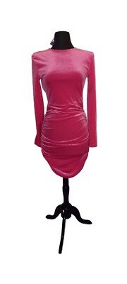 shein pink velvet dress SHEIN Solid Hot Pink Ruched Backless Velvet Dress Nwt Size Small Barbie  Fashion