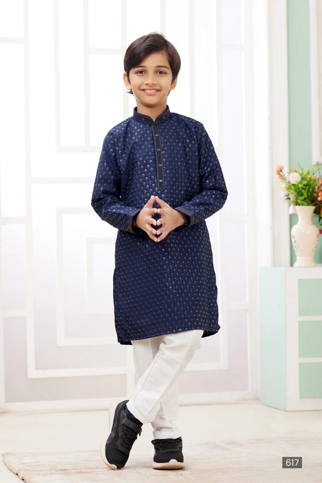 Conjunto de pijama Kurta Payjama bordado ropa étnica boda Bollywood para niños India Foto 2 de 3
