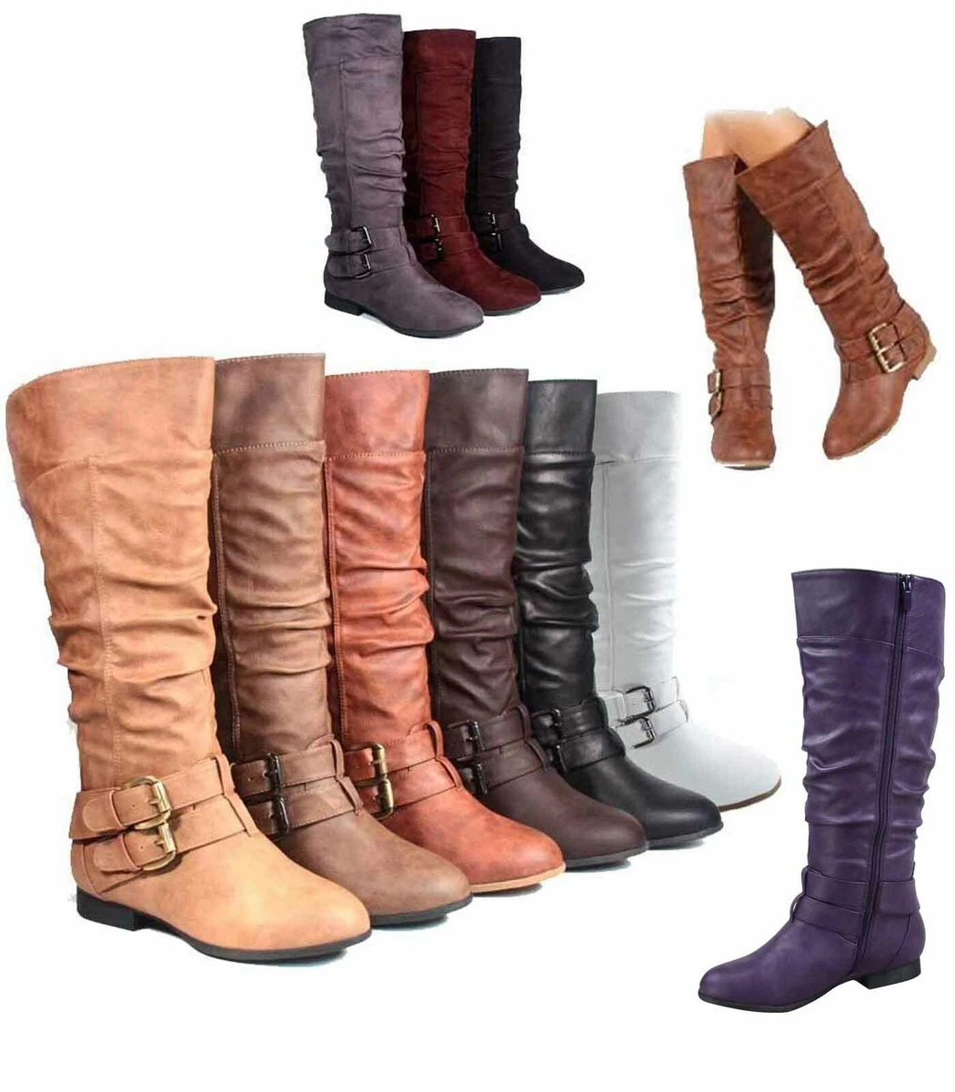 Women s Fashion Low Flat Heel Mid Calf Knee High Riding Boot Shoes Size 5 11