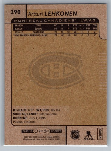 2017 Upper Deck O-Pee-Chee #290 Artturi Lehkonen Montreal Canadiens - Picture 2 of 2