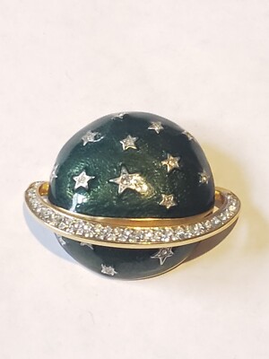 Vintage Butler Wilson Rhinestone Saturn Green Enamel Gold