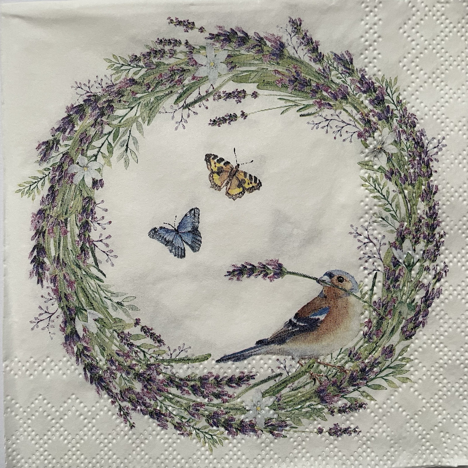 4 Luncheon paper napkins Bird Lavender Wreath Floral Chaffinch for decoupage