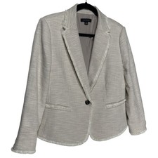 Ann Taylor Fringe Trim Tweed Single Button Blazer Jacket Beige Ivory Size 12 EUC
