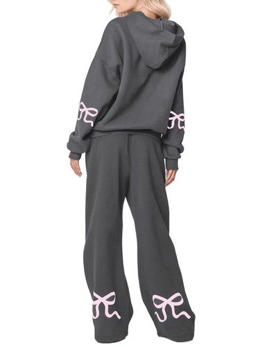 Women's 2 Piece Outfits Bow Trim Print Hoodie Sweatsuit Sets Oversized Sweats...