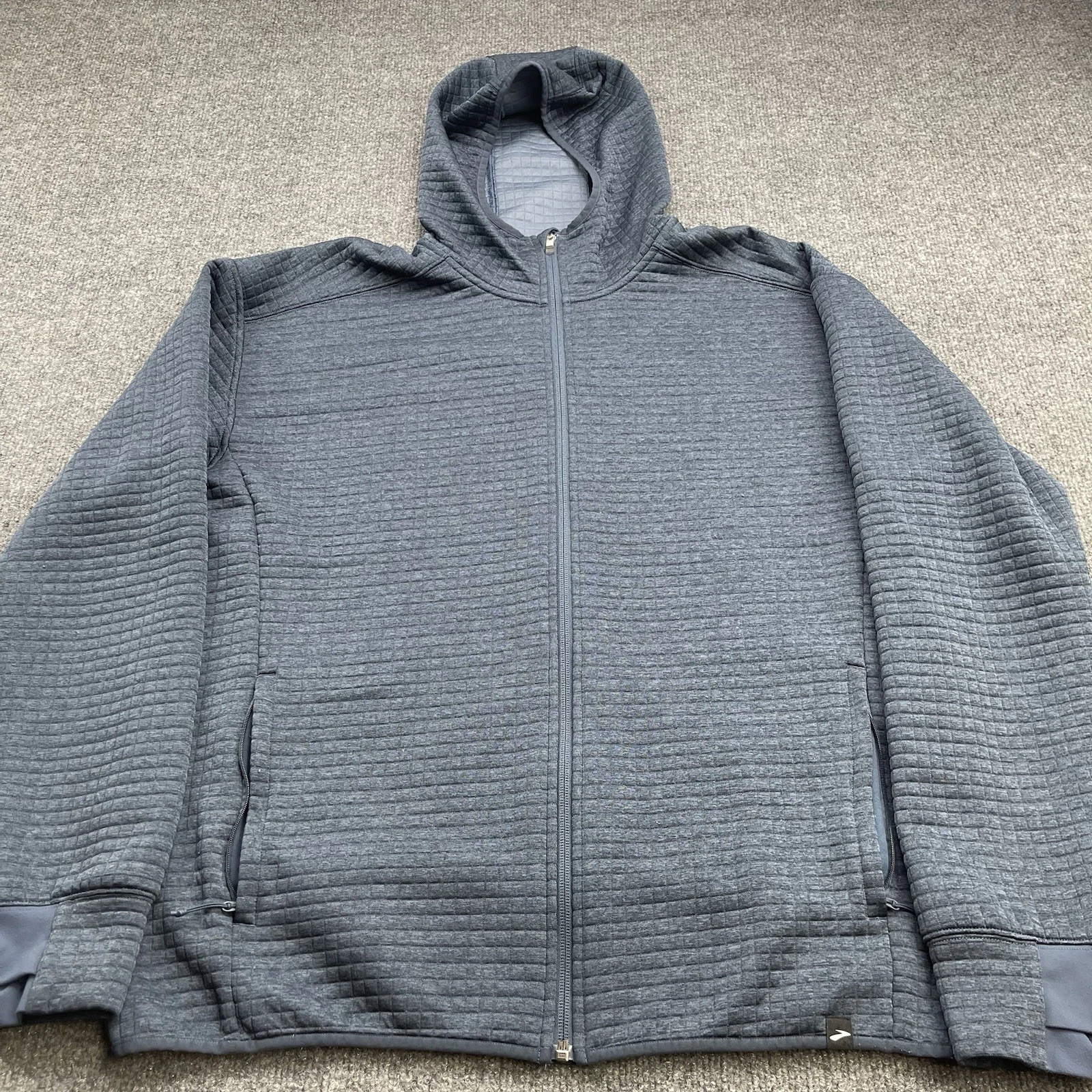 Brooks SAMPLE Waffle Knit Thermal Hoodie Mens XL Blue Stretch Full Zip Rare