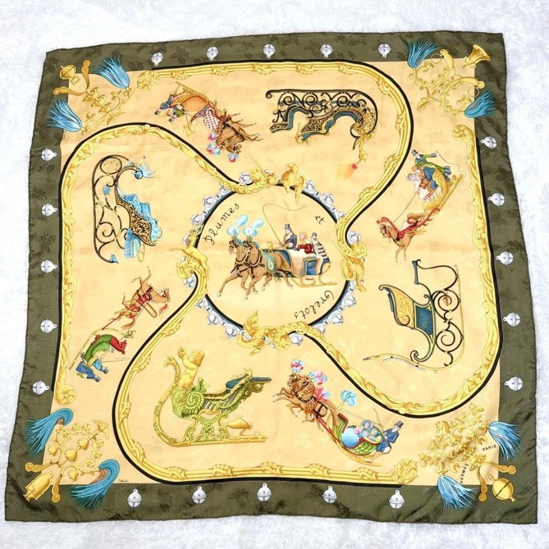 HERMES Plumes et Grelots Carre 90 Silk 100% Scarf Multicolor Authentic G05171643