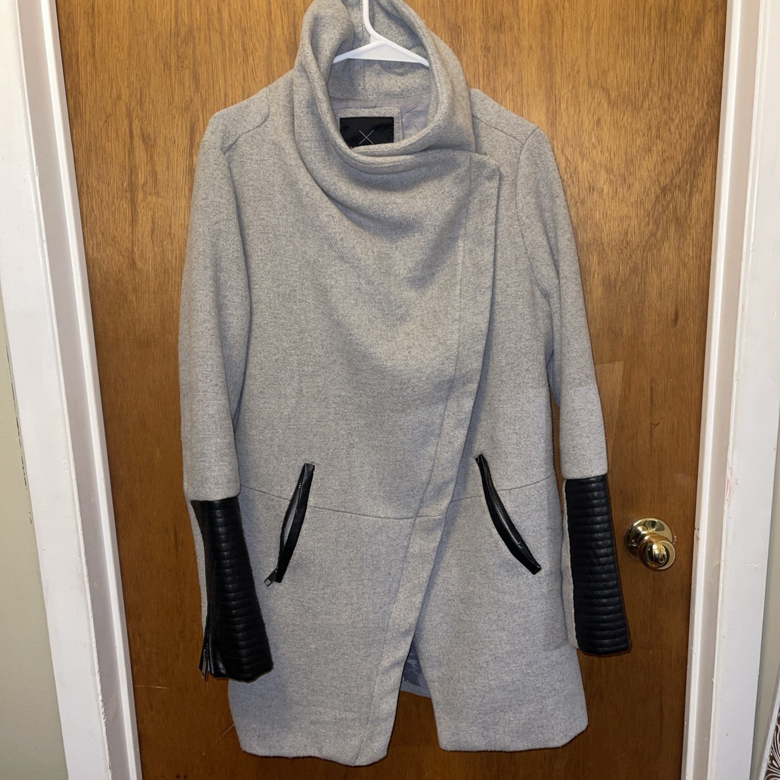 Streetwear Society Shawl Collar Coat Sz L Grey Black Faux Leather Trim