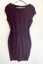 EXPRESS Deep Plum Burgundy Midi Sheath Dress Front Slit Belted Stretch Size M