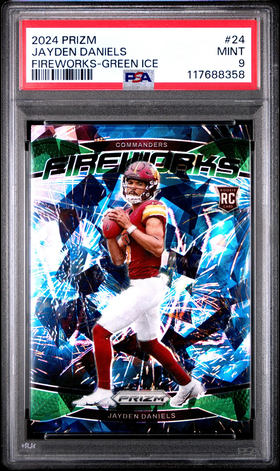 Jayden Daniels 2024 Panini Prizm #24 Fireworks Green Ice RC PSA9 MINT