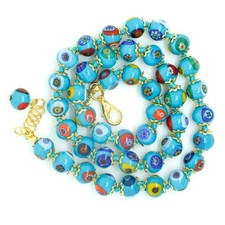Murano Glas Halskette hellblau gold multi 42 Perlen Millefiori Venedig 46 cm