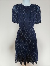 Whistles Women's Navy Horse Shoe Equestrian Print Pleated Lace Tea Dress Size 10